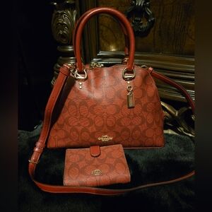 Coach Katy Red Signature Satchel With Crossbody Strap And Matching Wallet Set